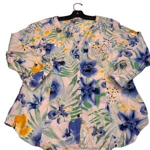 JM Collection women LINEN tabbed Sleeve Blouse sz 12 P Floral, Beach Pattern